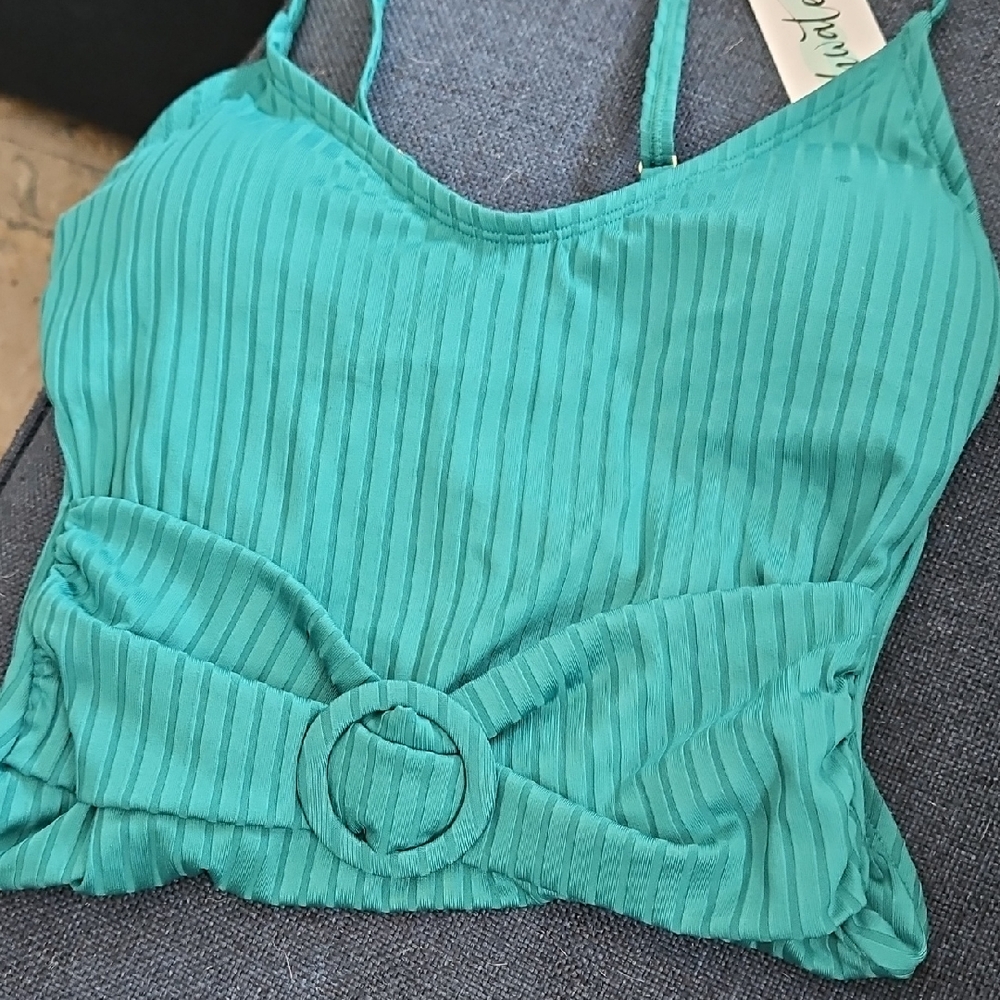 Green Ribbed Fitted Camisole One Piece Bathing Suit